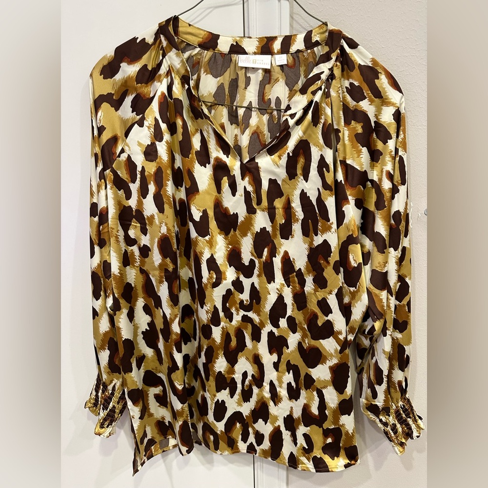 2X Belle by Kim Gravel Big Cat Split Neck Blouse Leopard Print Satin Blouse